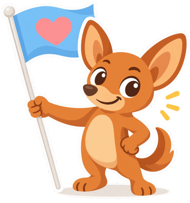 La mascota de Flowfy con una bandera