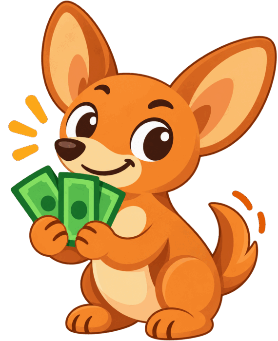La mascota de Flowfy sujetando unos billetes