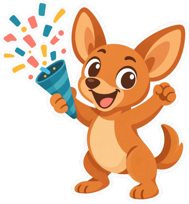 La mascota de Flowfy celebrando con confeti