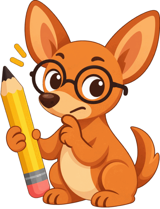La mascota de Flowfy con un lápiz